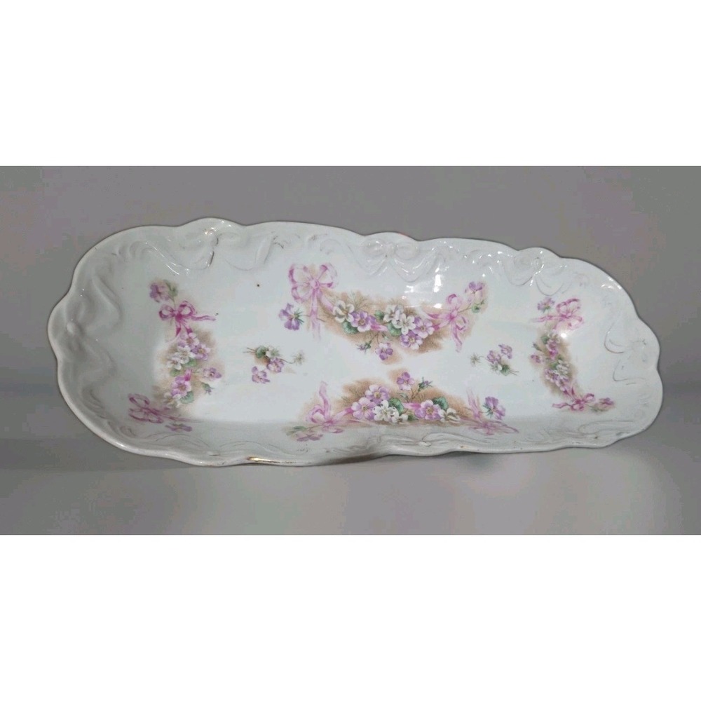 Vintage Porcelain Flowers & Bows Celery Serving/Trinket Tray 12.5x 5 Lilac Pink
